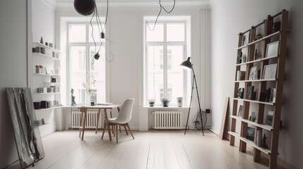Scandinavian style photography studio interior with white walls 