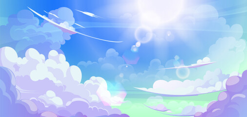 Fototapeta na wymiar Anime cloud in blue heaven sky vector background. Summer abstract cloudy air design with gradient and sun light with reflection. Beautiful calm morning game outdoor panorama with sunshine painting.