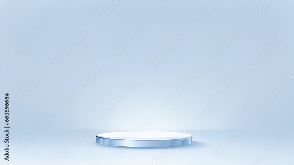 Aufkleber podium of an round shape against a light blue wall with beautiful backlighting. trendy modern backgr