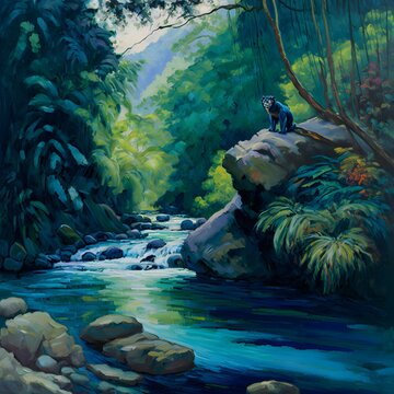 Monet style impressionist oil painting of fast flowing tropical river with howler monkeys in Costa Rica featuring large and small volcanic rocks and Highland jungle vegetation as seen in the morning 