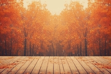 Naklejka na ściany i meble Wooden table and blurred Autumn background.