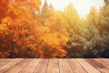 Naklejka na ściany i meble Wooden table with orange leaves autumn