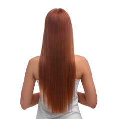 Naklejka premium Woman with healthy hair after treatment on white background, back view