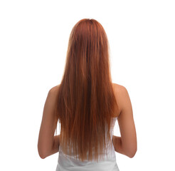 Naklejka premium Woman with damaged hair on white background, back view