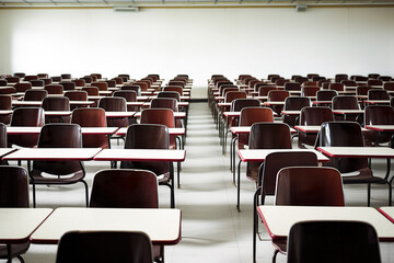 empty class, empty desks and chairs