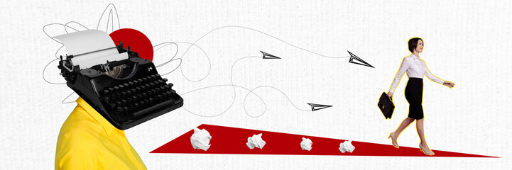 Panorama creative composite photo collage of headless man typewriter instead of head writing...