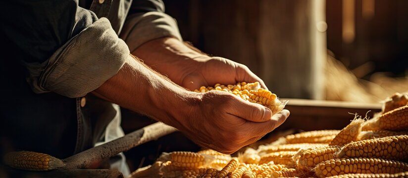 Young successful man farmer controlling harvested corn grains in agricultural silo with close up shot With copyspace for text