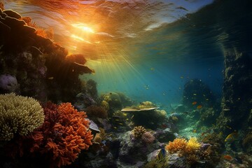 Fototapeta na wymiar Underwater, tropical seabed, reef, sunshine. Generative AI