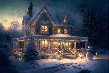 Wide view of a farm style home with a huge porch decorated with multicolor Christmas lights candles in attic windows icicle lights hanging from the gutters snowman in the front yard Everything is 