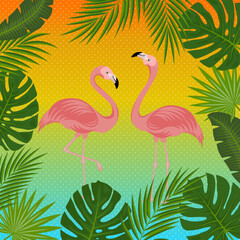 Two flamingos, pink birds with long legs and necks. Border and background with tropical plants, palm tree leaves. Clipping mask applied.