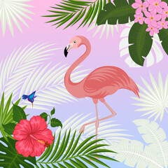 Flamingo, pink bird with long legs and necks. Border and background with tropical flowers, palm tree leaves, a hummingbird. Clipping mask applied.
