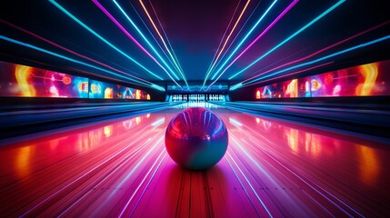 Vibrant neon-lit bowling balls on a polished lane at a modern bowling alley - obrazy, fototapety, plakaty