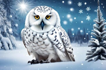 A card featuring a snowy owl with a gift in its beak.
