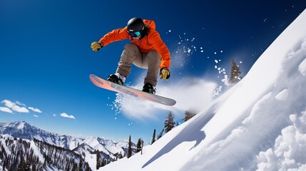 Snowboarder performing a stunning big air trick in mid-air with snowflakes flying around