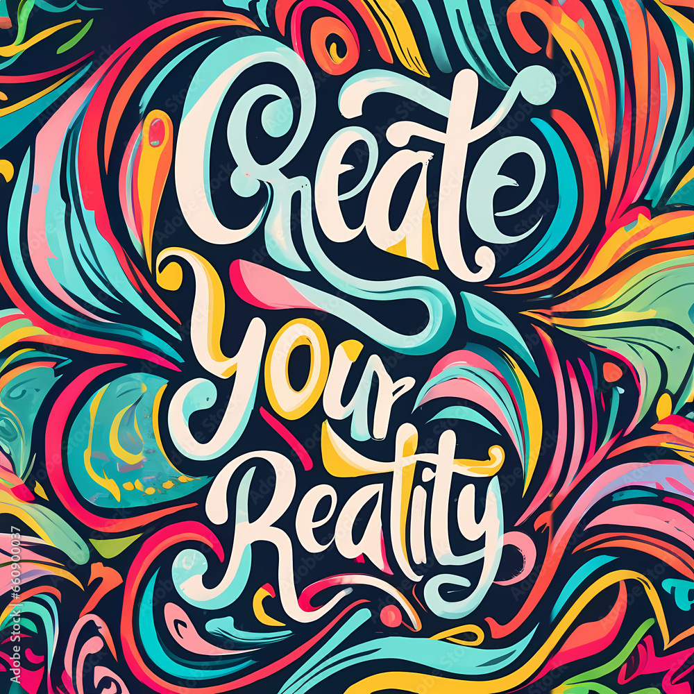 Fototapete create your reality - colorful art with colorful swirls and words