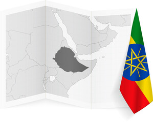 Ethiopia grayscale map and hanging flag.