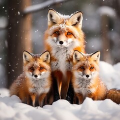 Adorable red foxes in a snowy forest