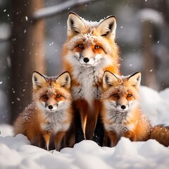 Obraz premium Adorable red foxes in a snowy forest