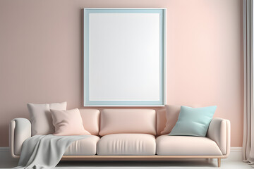 pink sofa in a room with a frame. frame mock up. generative AI.