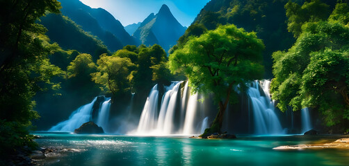 Amazing nature landscape featuring Waterfall located in Misty Forest.