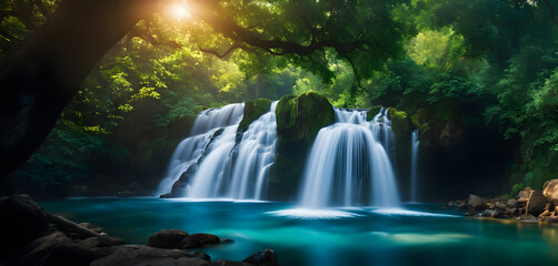 Fototapeta na wymiar Amazing nature landscape featuring Waterfall located in Misty Forest.