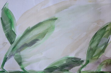 Green leaves background. Weathered hand painted brush strokes vague surface with stains. Naturalness concept.