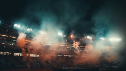 Stunning night view of a soccer stadium with lights and smoke
