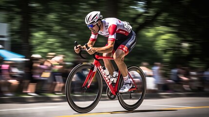 Cyclist in action: a dynamic shot of a professional racer breaking away from the pack on a rural road - obrazy, fototapety, plakaty