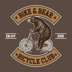 Bike and Bear Hand Drawn Vector Illustration in Patch Design Style Bicycle Club