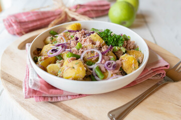 Healthy tuna salad with potatoes, green beans and red onions, Marinated with olive oil, lemon juice and herbs. 