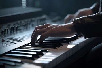 Musician performing keyboard synthesizer. Musician professional concert instrument technology....