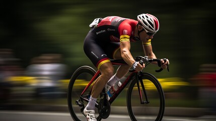 Cyclist in action: a dynamic shot of a professional racer breaking away from the pack on a rural road - obrazy, fototapety, plakaty