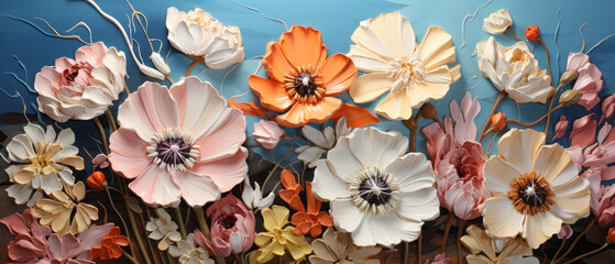 Flower background. Colorful paper flowers on a blue background.