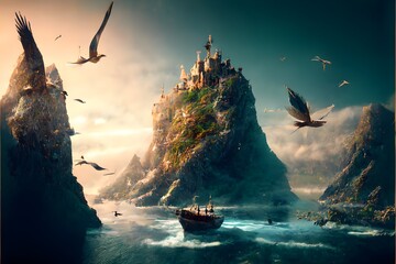 a world made of storybook pages mountains ocean fantasy city birds flying realism style 8k atmospheric dramatic lighting raytracing cinematic lighting epic composition action style  - obrazy, fototapety, plakaty
