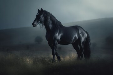 Obraz na płótnie Canvas Black mustang horse. Beautiful equestrian horse freedom symbol. Generate ai