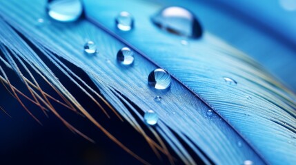 Beautiful symbolic macro image of fragility and purity nature in form of perfect round water droplets on feather in blue colors. Beautiful leaf texture. Background image.