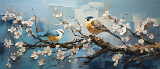 Digital painting of two birds sitting on a branch of a blossoming tree.