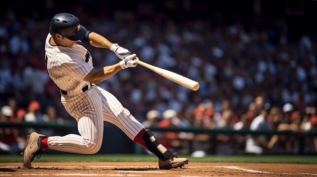 Baseball player hitting home run at outdoor stadium with crowd