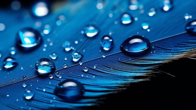 Beautiful symbolic macro image of fragility and purity nature in form of perfect round water droplets on feather in blue colors. Beautiful leaf texture. Background image.
