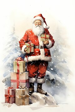 Santa Claus carrying gifts, isolated on white background