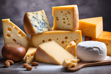 Close up view on a delectable selection of artisanal cheeses, capturing the creamy, aged, and crumbly varieties