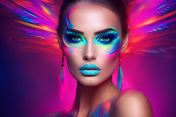 Creative portrait of fashion model woman with fantasy art make-up, incorporating neon colors, vivid color