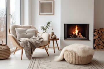 Interior of a bright and airy Scandinavian living room, minimalist design with a touch of warmth, natural textures, cozy corner with a fireplace and armchair - 660900882