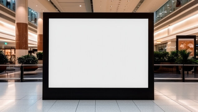 Mockup with background in shopping centre gallery, digital media blank black and white screen modern panel signboard for advertisement design, digital