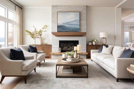 Interior of a living room in Transitional style with sofas and a painting over the fireplace a perfect balance of modern and traditional elements