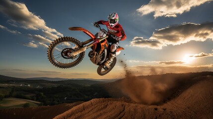Motocross rider flying high over dirt track during extreme sports competition - obrazy, fototapety, plakaty