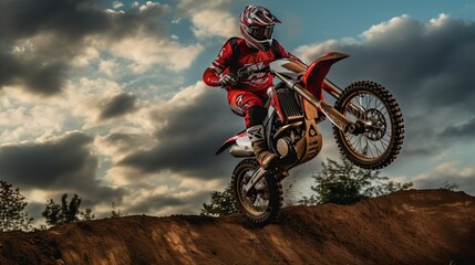 Naklejka premium Motocross rider flying high over dirt track during extreme sports competition