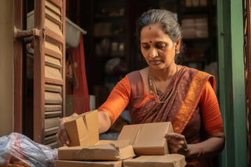 Indian woman packing of gift boxes - obrazy, fototapety, plakaty