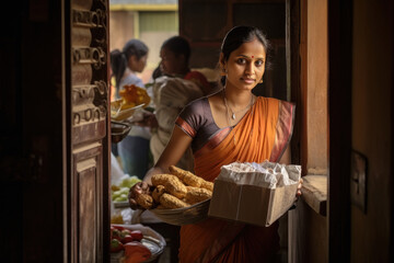 Indian woman packing of gift boxes - obrazy, fototapety, plakaty