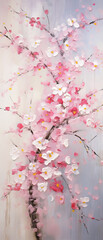 Pink cherry blossoms on a white wooden background, spring season.